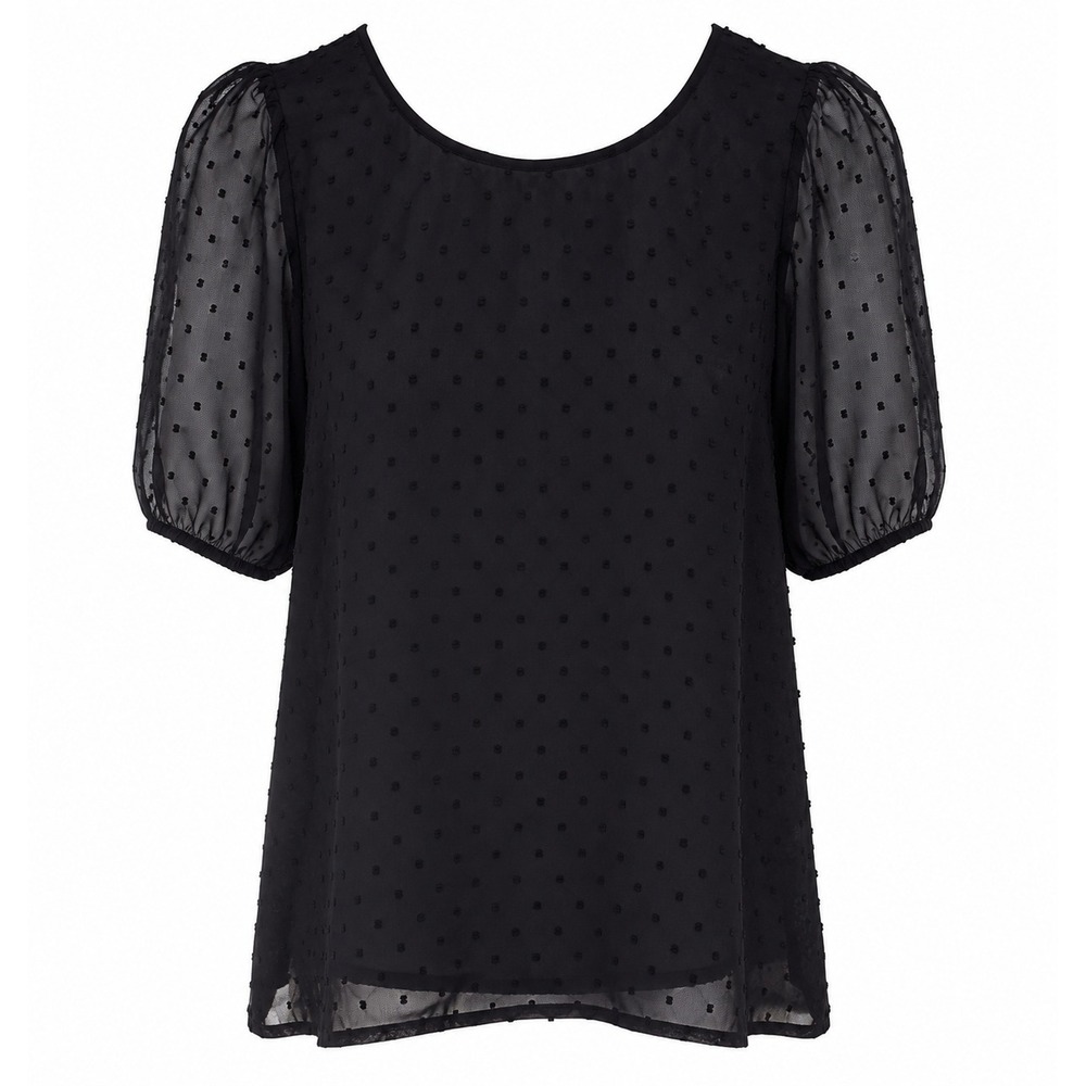 Sojourn Women Black Swiss Dot Sheer Puff Sleeve Blouse Mesh Lined Dressy Top SP